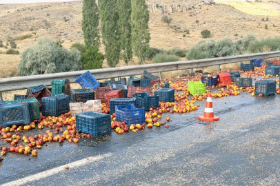 Tırın dorsesi yan yatınca şeftaliler yola saçıldı
