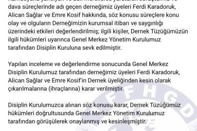 Türkiye Faal Futbol Hakemleri ve Gözlemcileri Derneği (TFFHGD): "Disiplin kurulumuz tarafından derneğimiz üyeleri Ferdi Karadoruk, Alican Sağlar ve Emre Kosif’in dernek üyeliğinden kesin olarak çıkarılmalarına (ihraçlarına) karar verilmiştir."
