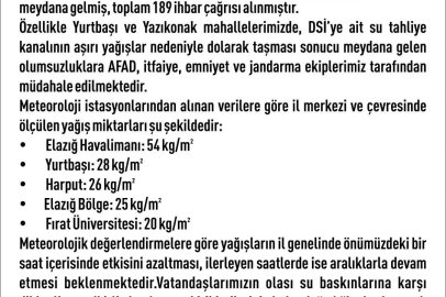 Elazığ’da etkili olan yağışın ardından 30 noktada su baskını yaşandı
