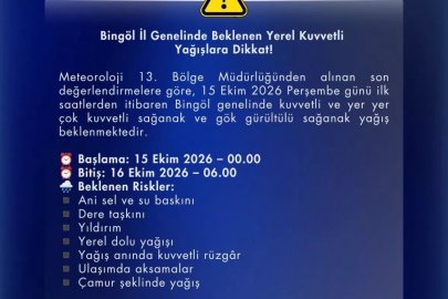 Bingöl için kuvvetli yağış uyarısı
