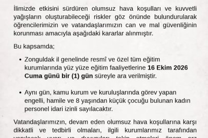 Zonguldak Valiliğinden yağış kararı: Okullara bir gün ara, bazı personele idari izin
