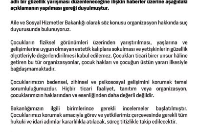 ‘Little Miss and Little Mister United World’ adlı yarışmaya Aile ve Sosyal Hizmetler Bakanlığından suç duyurusu
