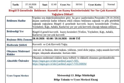 Meteorolojiden Bingöl için kuvvetli yağış uyarısı
