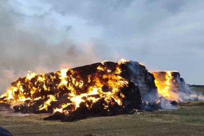 Yıldırım düştü, 500 ton saman balyası alev alev yandı
