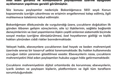 Aile ve Sosyal Hizmetler Bakanlığı: "Çocukların mahremiyetinin dijital ortamlarda da korunması tüm tarafların sorumluluğundadır"
